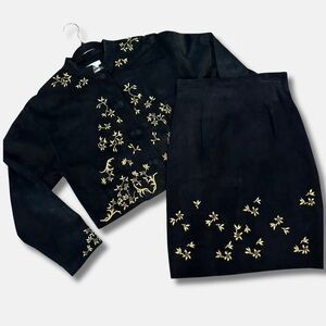 Vintage Black Suede Embroidered Jacket & Skirt Set 80s 90s era by Pia Rucci